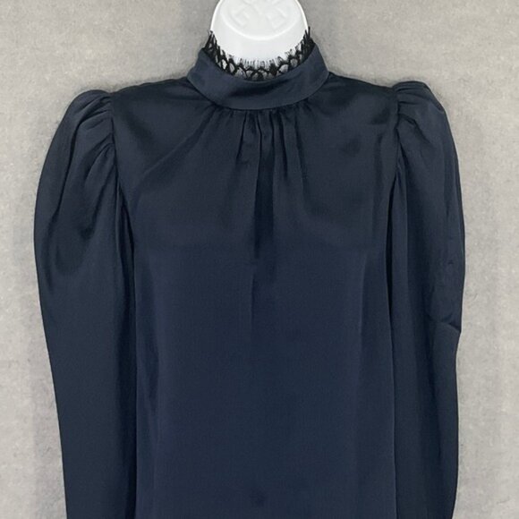 FRAME Top Womens Sz M Navy Silk Mock Neck Dainty Lace Trim Renaissance Romantic - Picture 4 of 12
